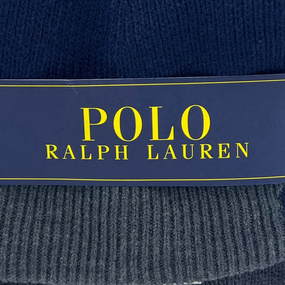 POLO RALPH LAUREN GREY AND NAVY BLUE BEANIE WITH MATCHING SCARF, UNISEX - Picture 7 of 14